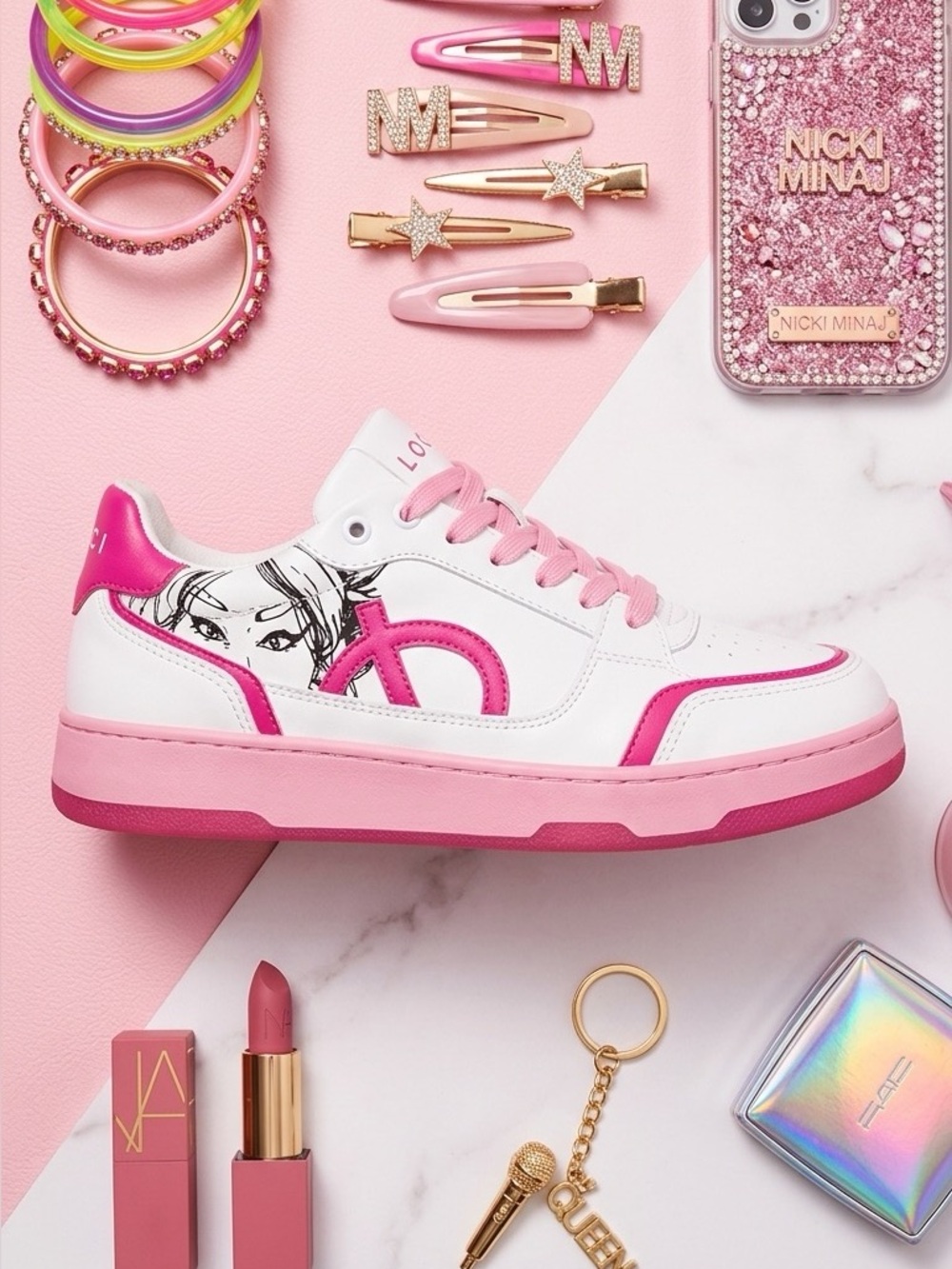 Nicki Minaj Loci Women’s Pink & White Low-Top Graphic Accent Sneakers